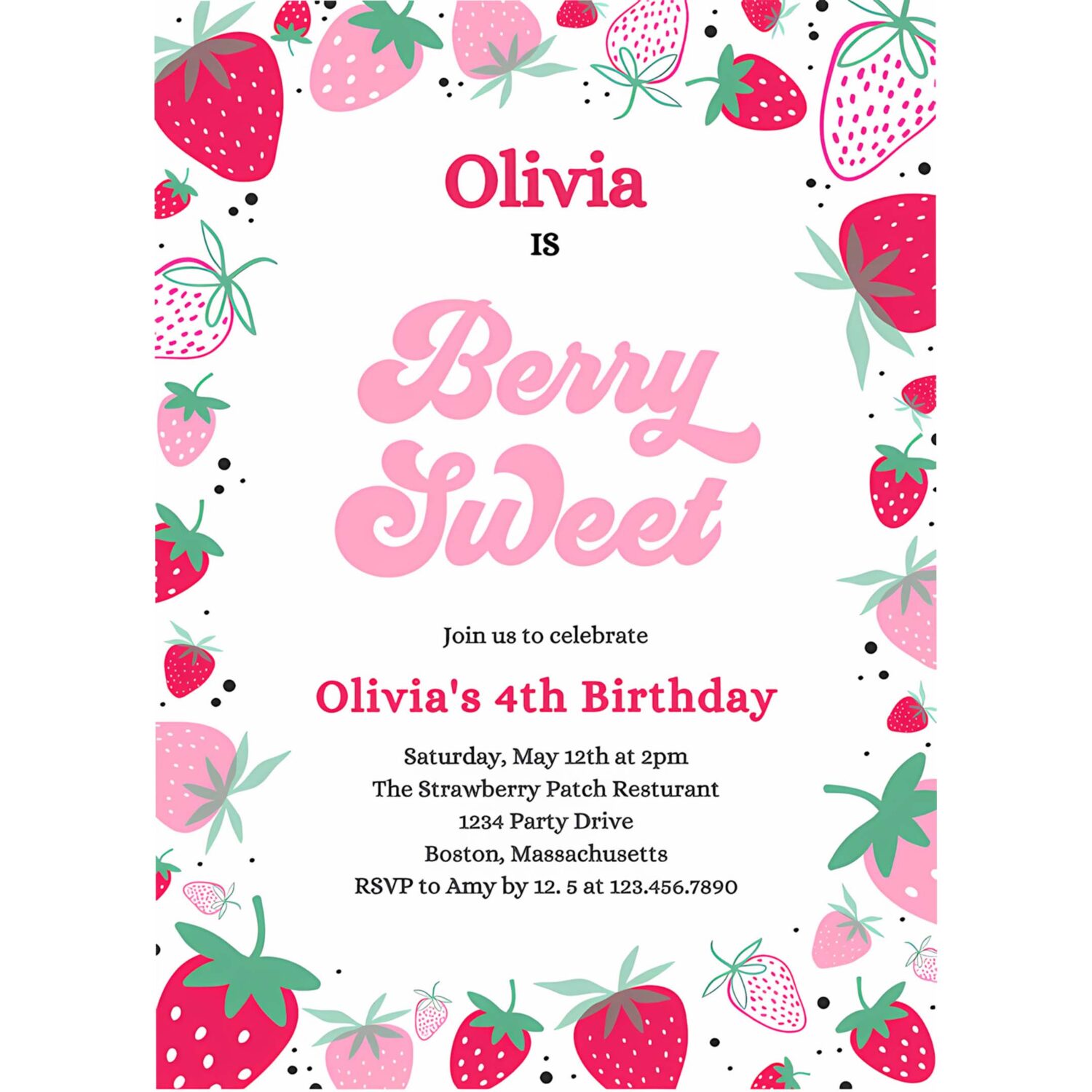 Editable strawberry birthday party invitation pink berry sweet birthday invitation summer berries any age berry sweet party 4