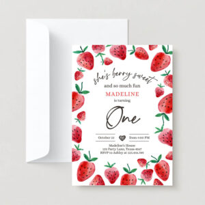 Editable strawberry birthday party invite first birthday berry sweet girl cute strawberries 1st download printable template corjl digital 0399 2