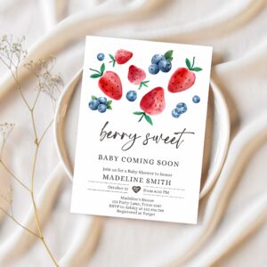 Editable strawberry blueberry baby shower invitation cute berry sweet baby strawberries twin download printable template corjl digital 0399 1
