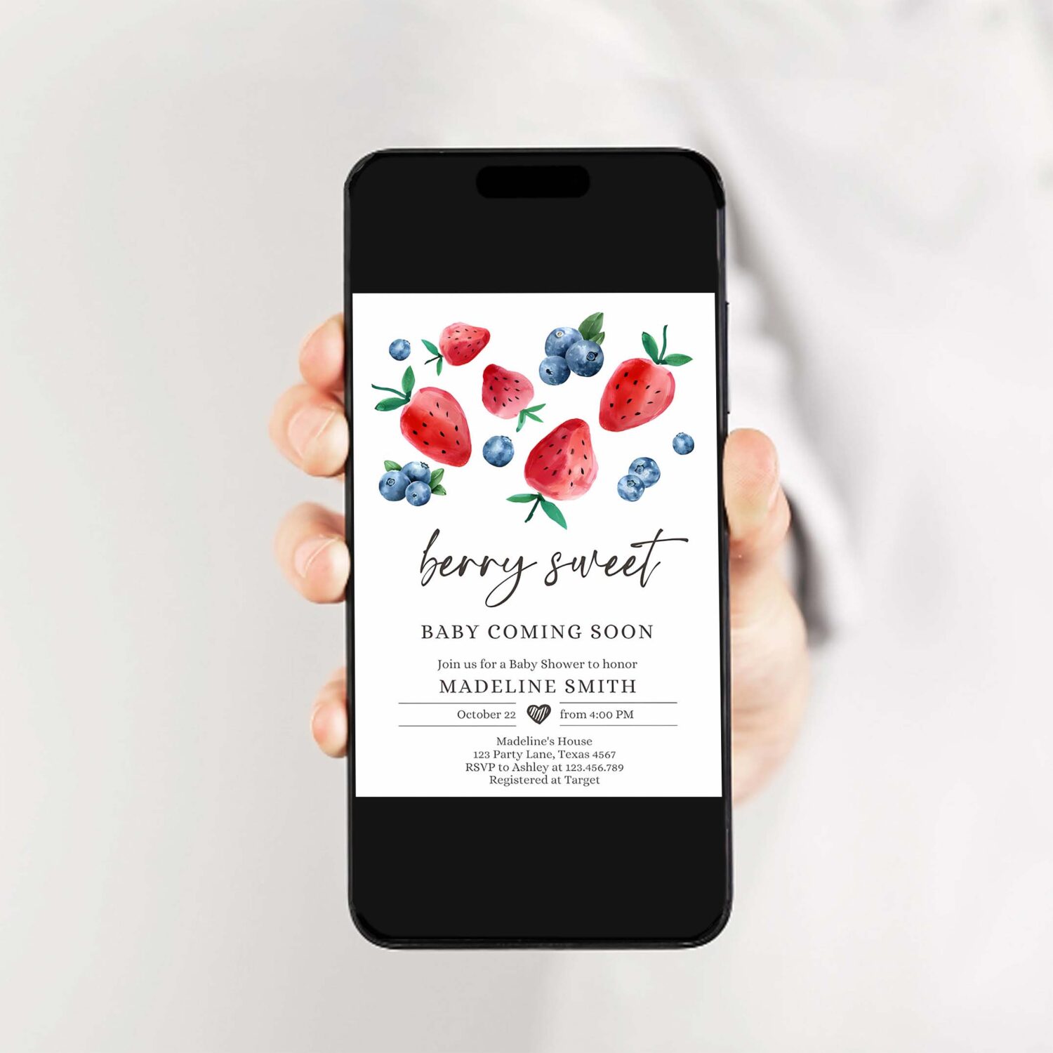 Editable strawberry blueberry baby shower invitation cute berry sweet baby strawberries twin download printable template corjl digital 0399 2