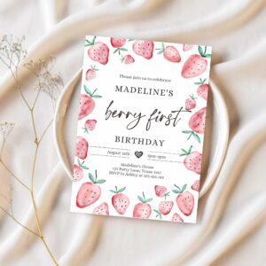 Editable strawberry party invitation first birthday berry sweet girl cute strawberries 1st download printable template corjl digital 0399 1