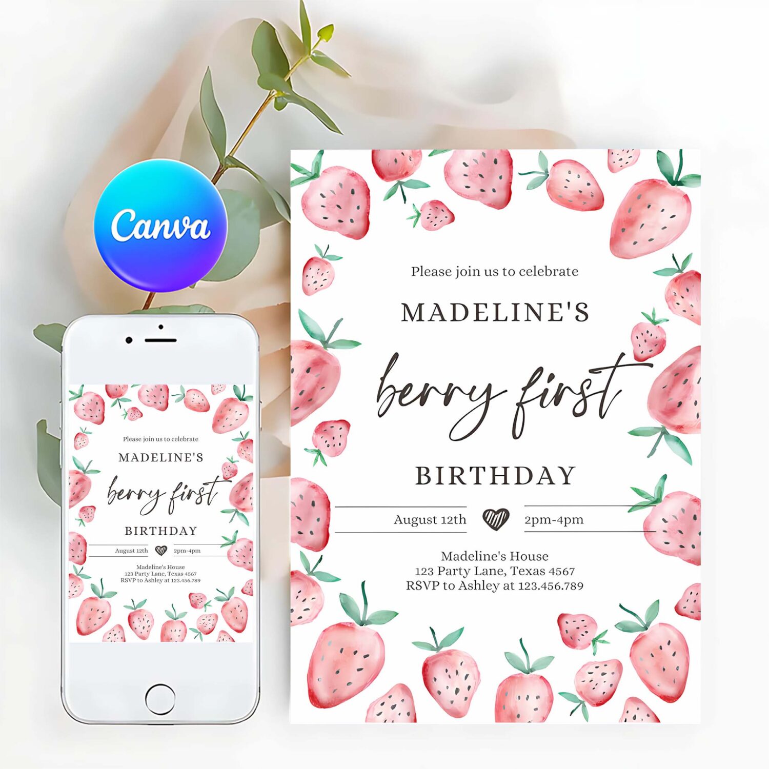 Editable strawberry party invitation first birthday berry sweet girl cute strawberries 1st download printable template corjl digital 0399