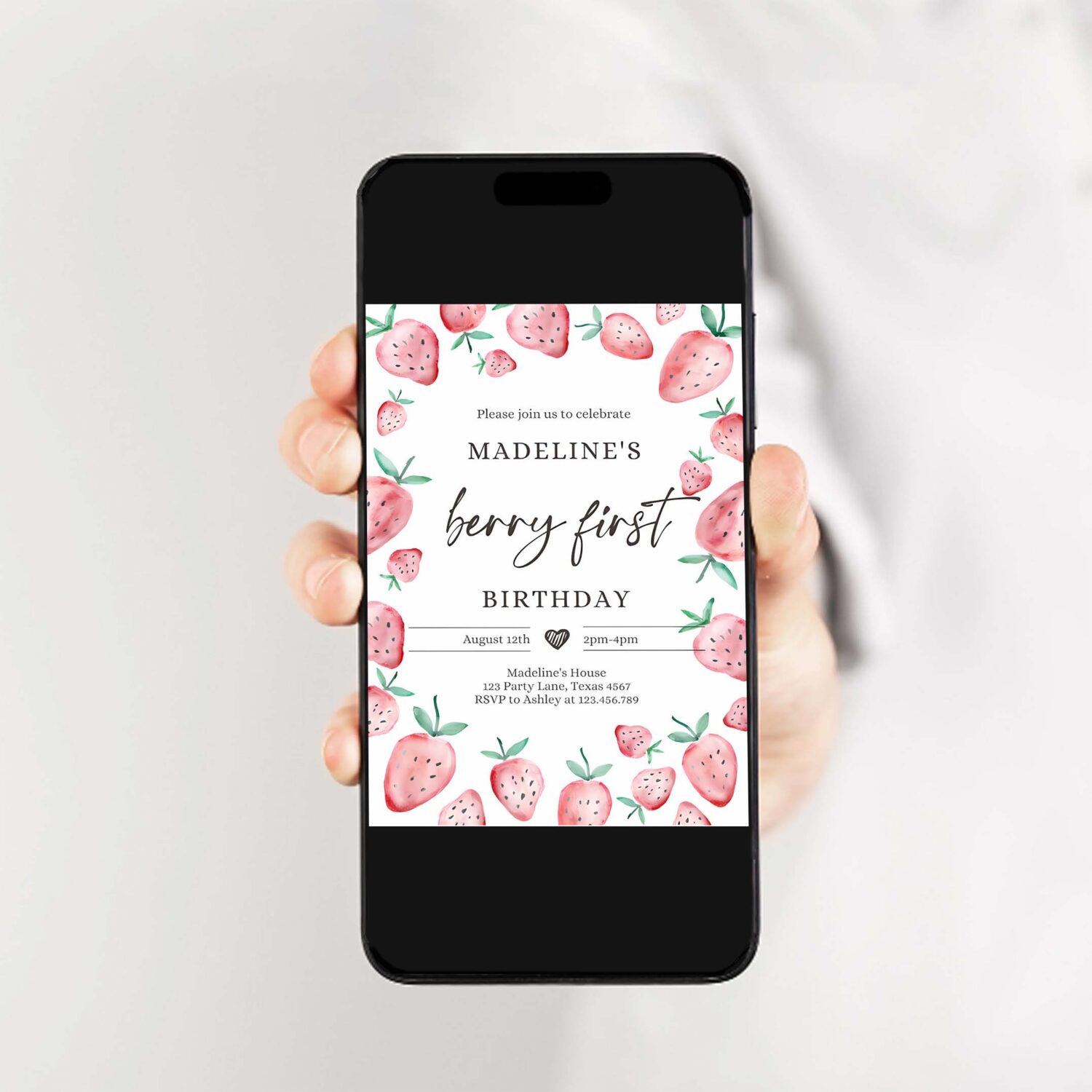 Editable strawberry party invitation first birthday berry sweet girl cute strawberries 1st download printable template corjl digital 0399 2