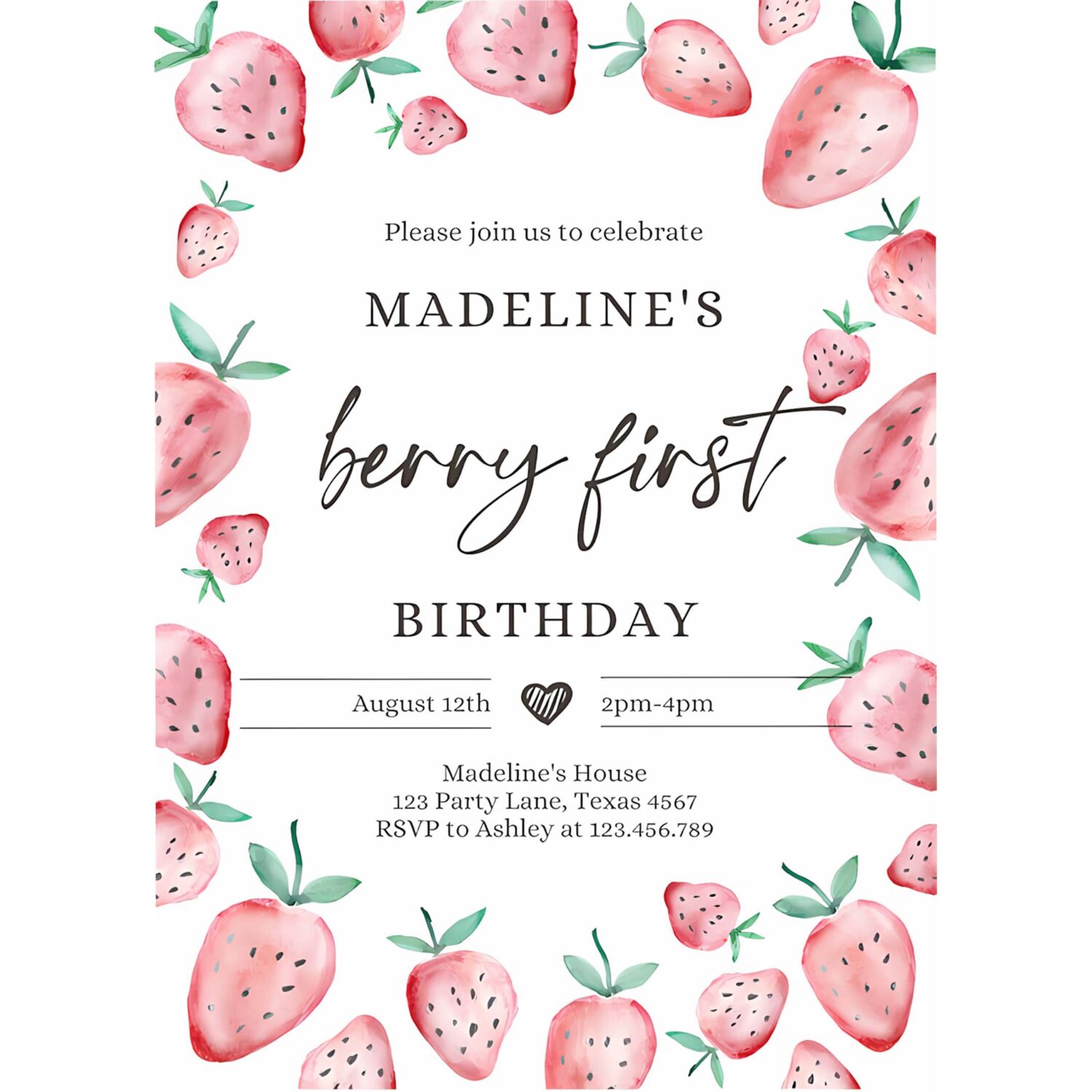 Editable strawberry party invitation first birthday berry sweet girl cute strawberries 1st download printable template corjl digital 0399 4