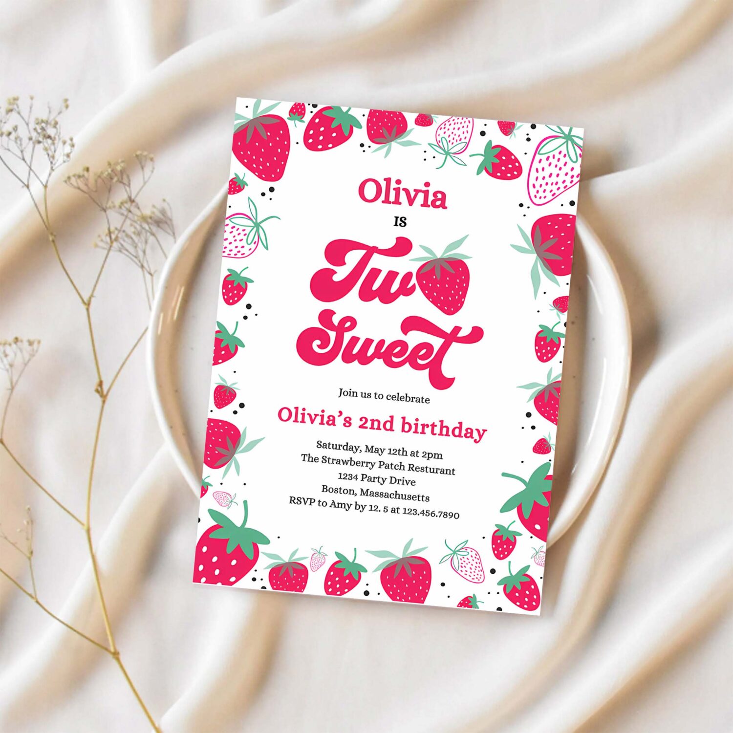 Editable strawberry two sweet birthday invitation two sweet strawberry 2nd birthday summer berries party 1