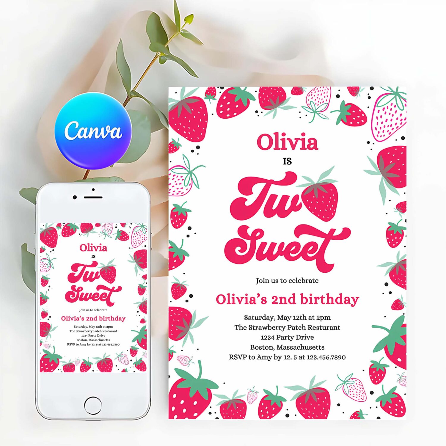 Editable strawberry two sweet birthday invitation two sweet strawberry 2nd birthday summer berries party