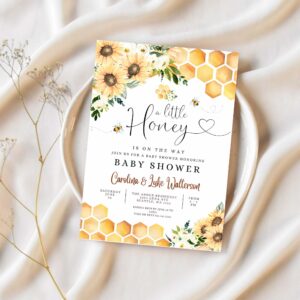 Editable sunflower bee a little honey baby shower invitation gender neutral baby shower invite printable template 1