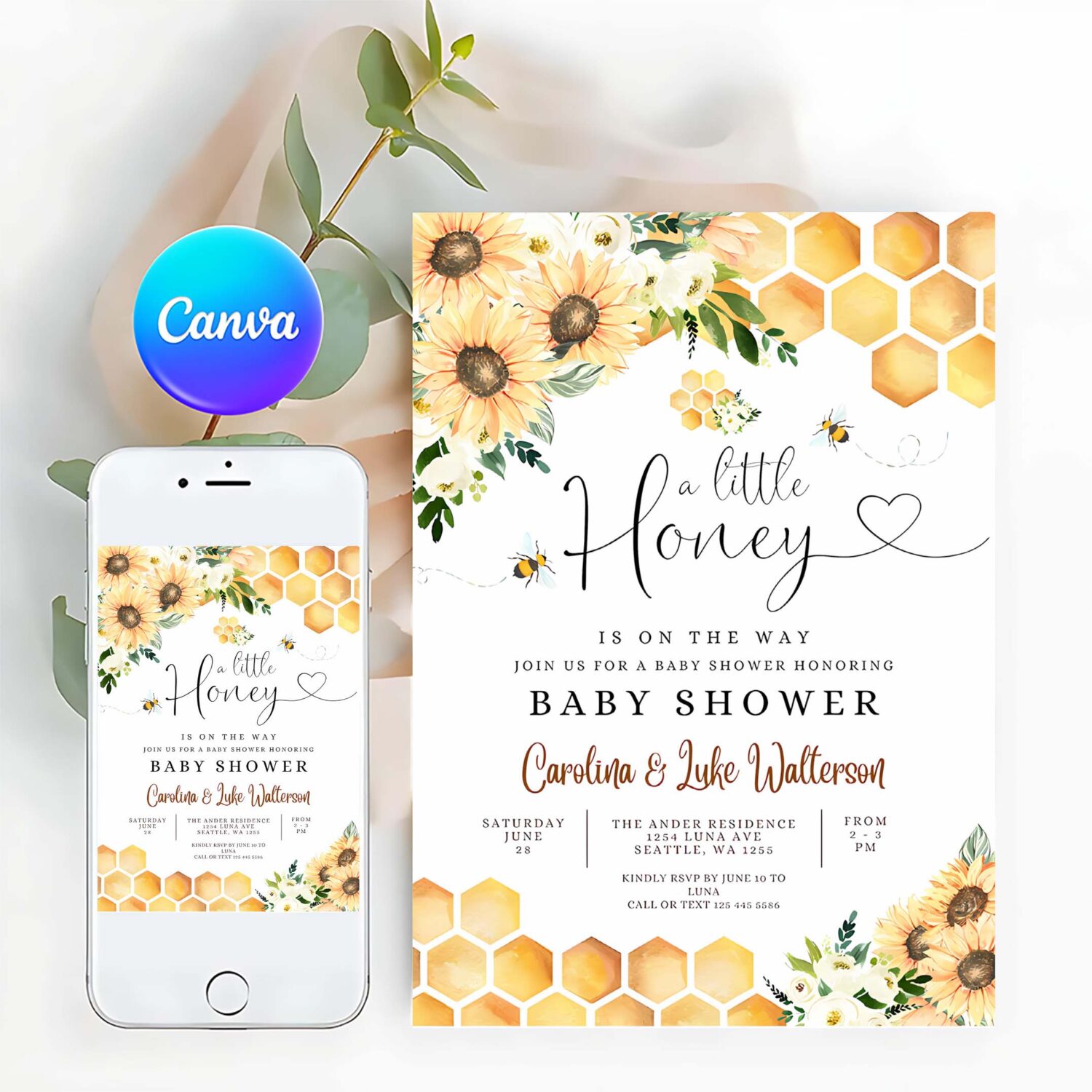 Editable sunflower bee a little honey baby shower invitation gender neutral baby shower invite printable template