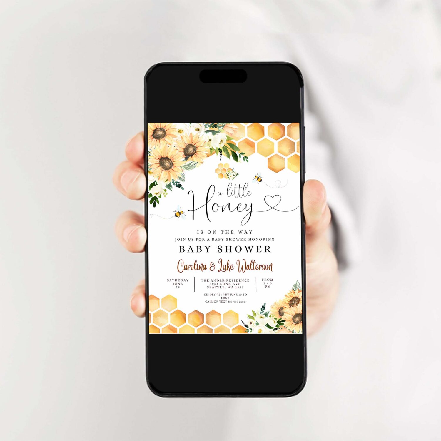 Editable sunflower bee a little honey baby shower invitation gender neutral baby shower invite printable template 2