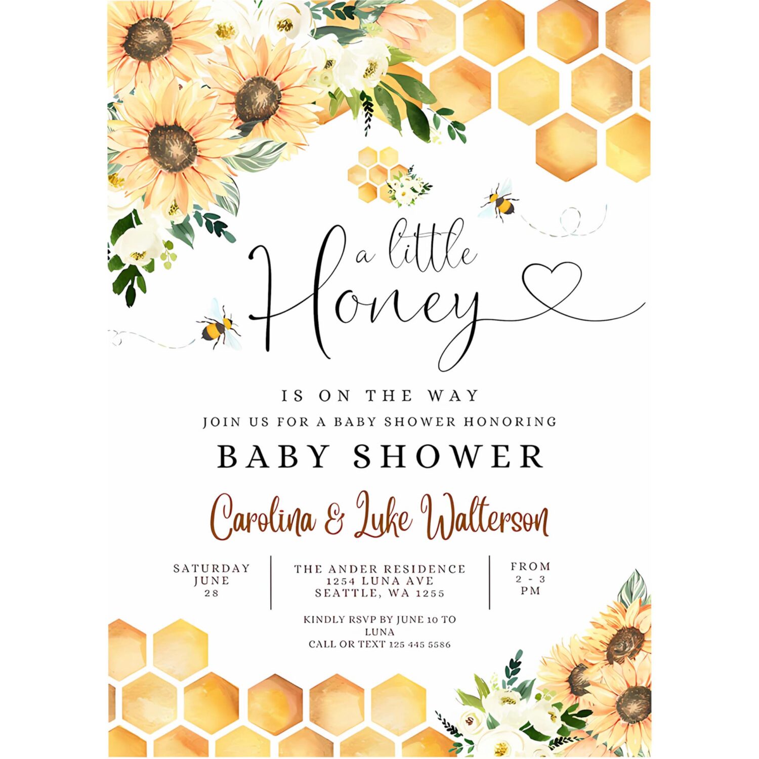 Editable sunflower bee a little honey baby shower invitation gender neutral baby shower invite printable template 4