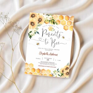 Editable sunflower bee parents to bee baby shower invitation gender neutral baby shower invite printable template 1