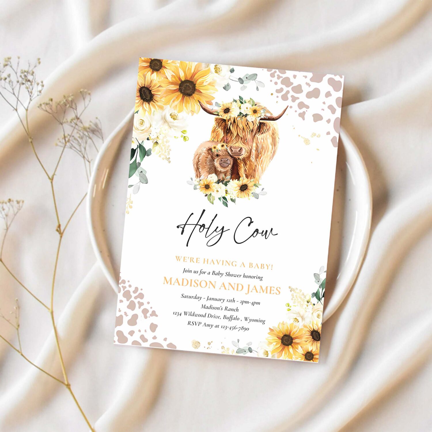 Editable sunflower cow baby shower invitation holy cow were having a baby summer highland cow baby shower invitation instant download qs 1