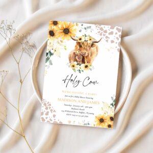 Editable sunflower cow baby shower invitation holy cow were having a baby summer highland cow baby shower invitation instant download qs 1