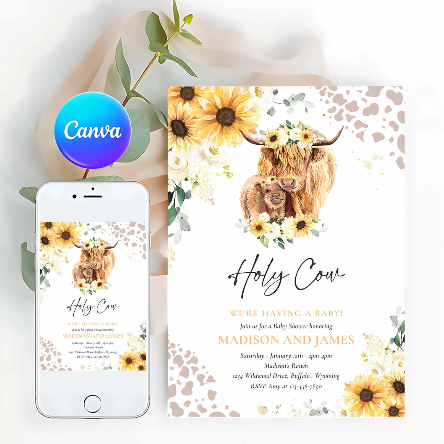 Editable sunflower cow baby shower invitation holy cow were having a baby summer highland cow baby shower invitation instant download qs