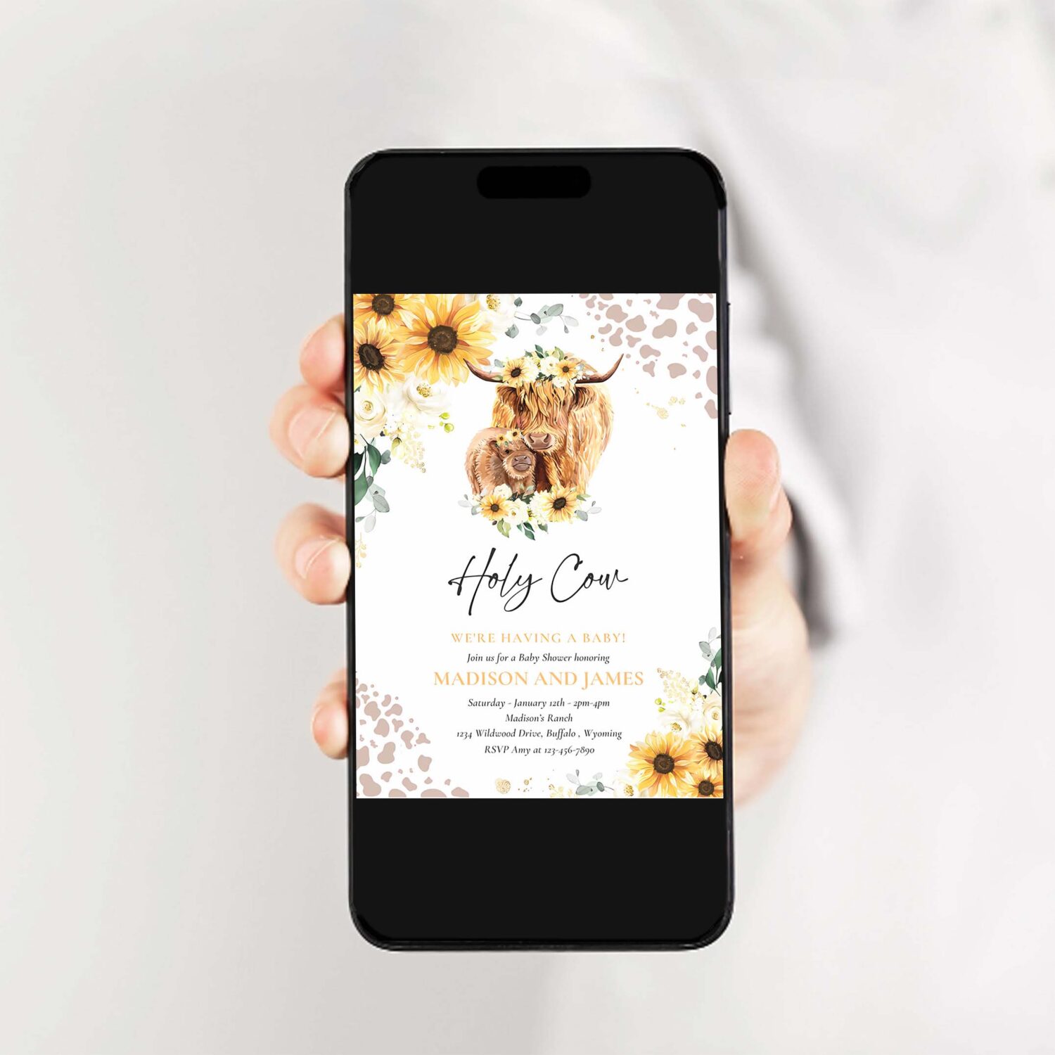 Editable sunflower cow baby shower invitation holy cow were having a baby summer highland cow baby shower invitation instant download qs 2