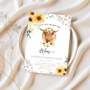 Editable sunflower cow birthday party invitation have you heard the moos floral highland cow birthday party 1