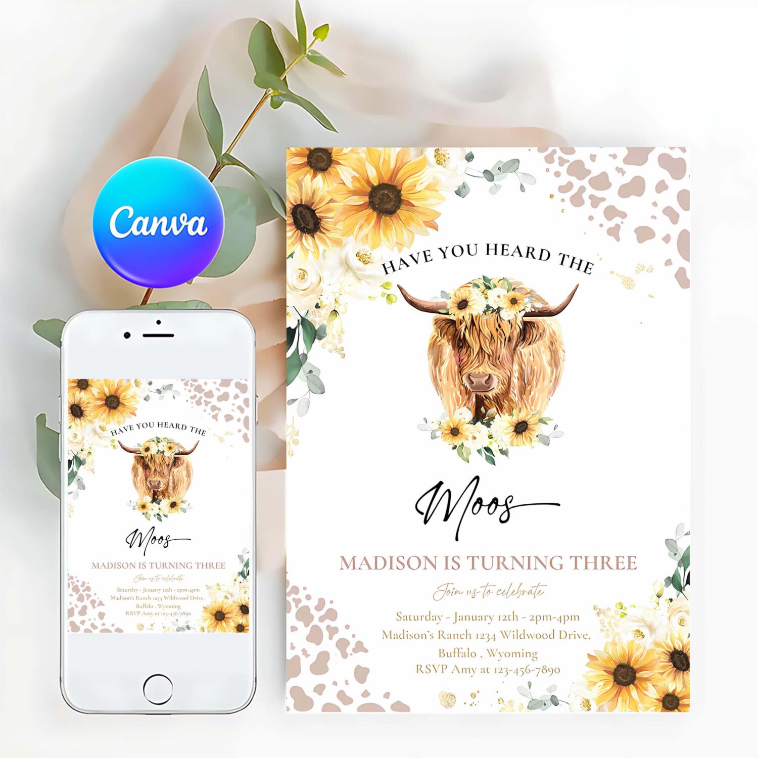 Editable sunflower cow birthday party invitation have you heard the moos floral highland cow birthday party