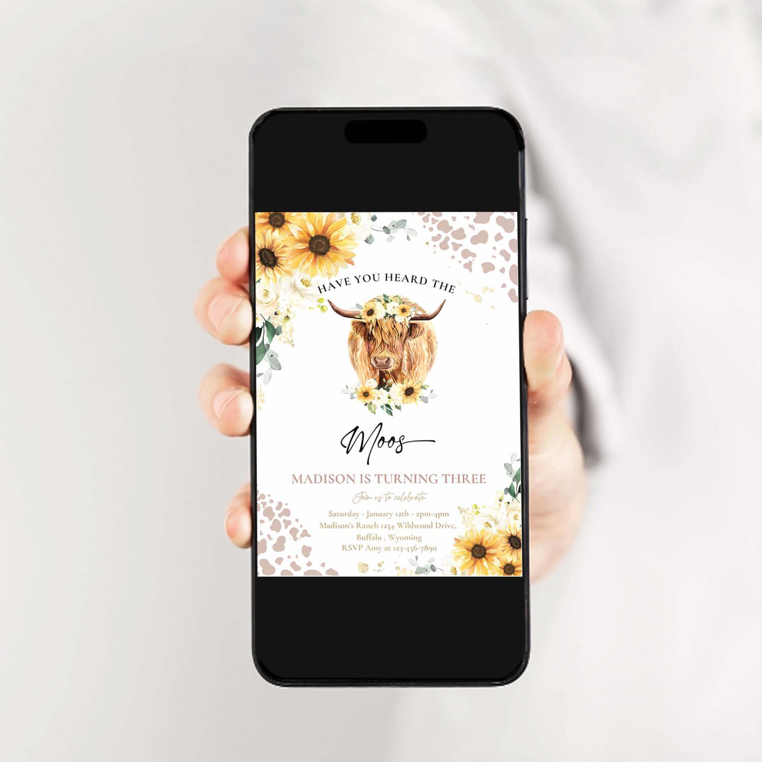 Editable sunflower cow birthday party invitation have you heard the moos floral highland cow birthday party 2