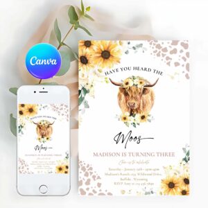Fun In The Sun Invitation, Sunflower Cow Birthday Party Invitation