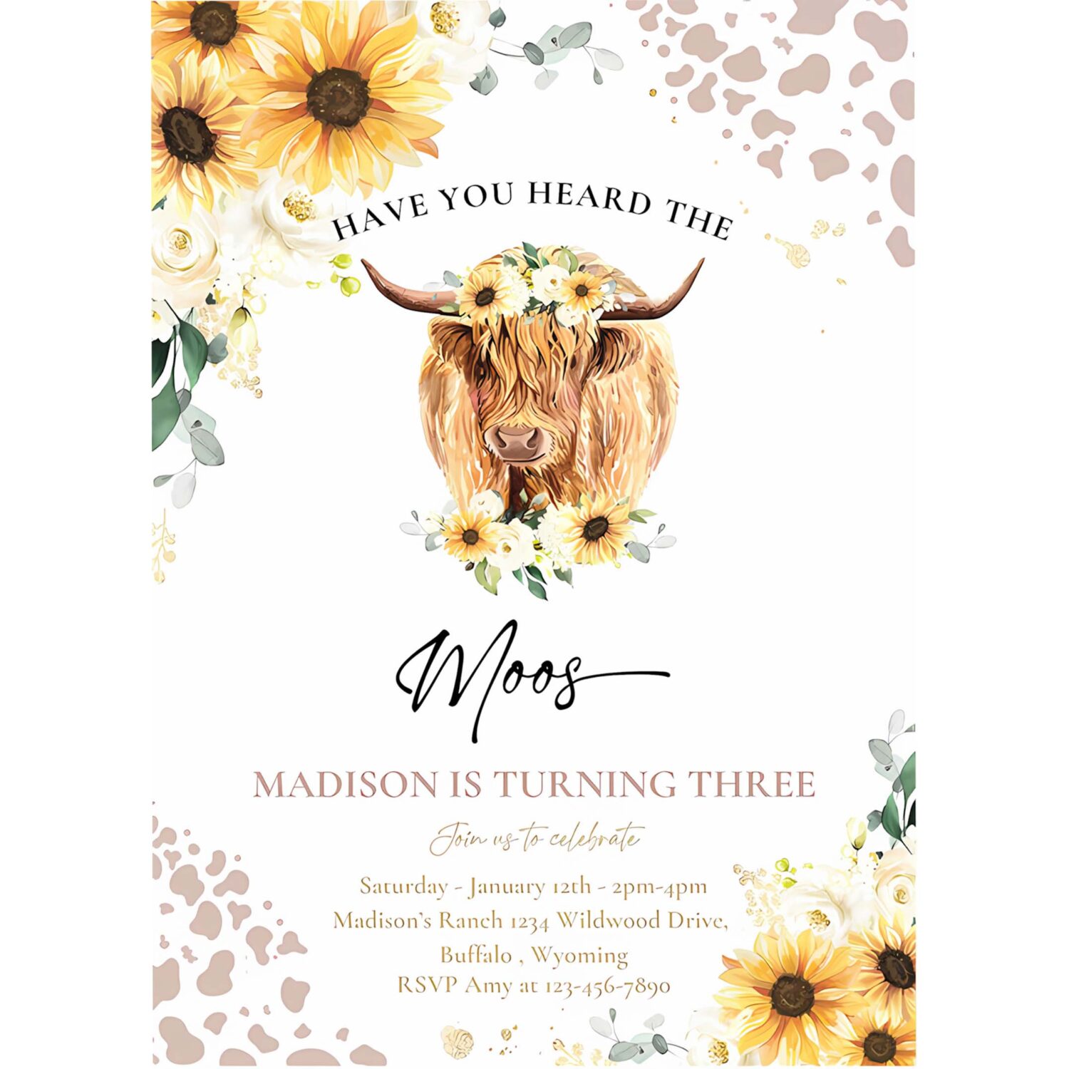 Editable sunflower cow birthday party invitation have you heard the moos floral highland cow birthday party 4