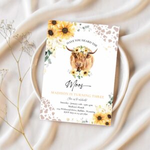 Editable sunflower cow birthday party invitation have you heard the moos floral highland cow birthday party instant download editable qs 1
