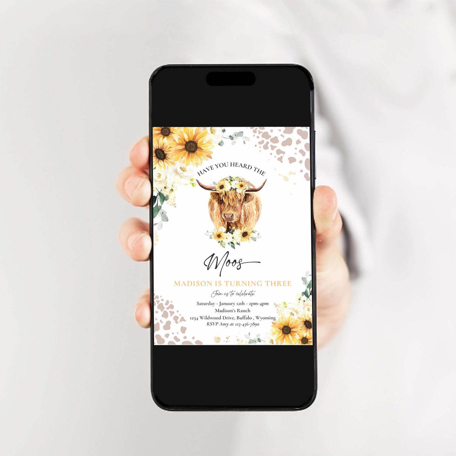 Editable sunflower cow birthday party invitation have you heard the moos floral highland cow birthday party instant download editable qs 2