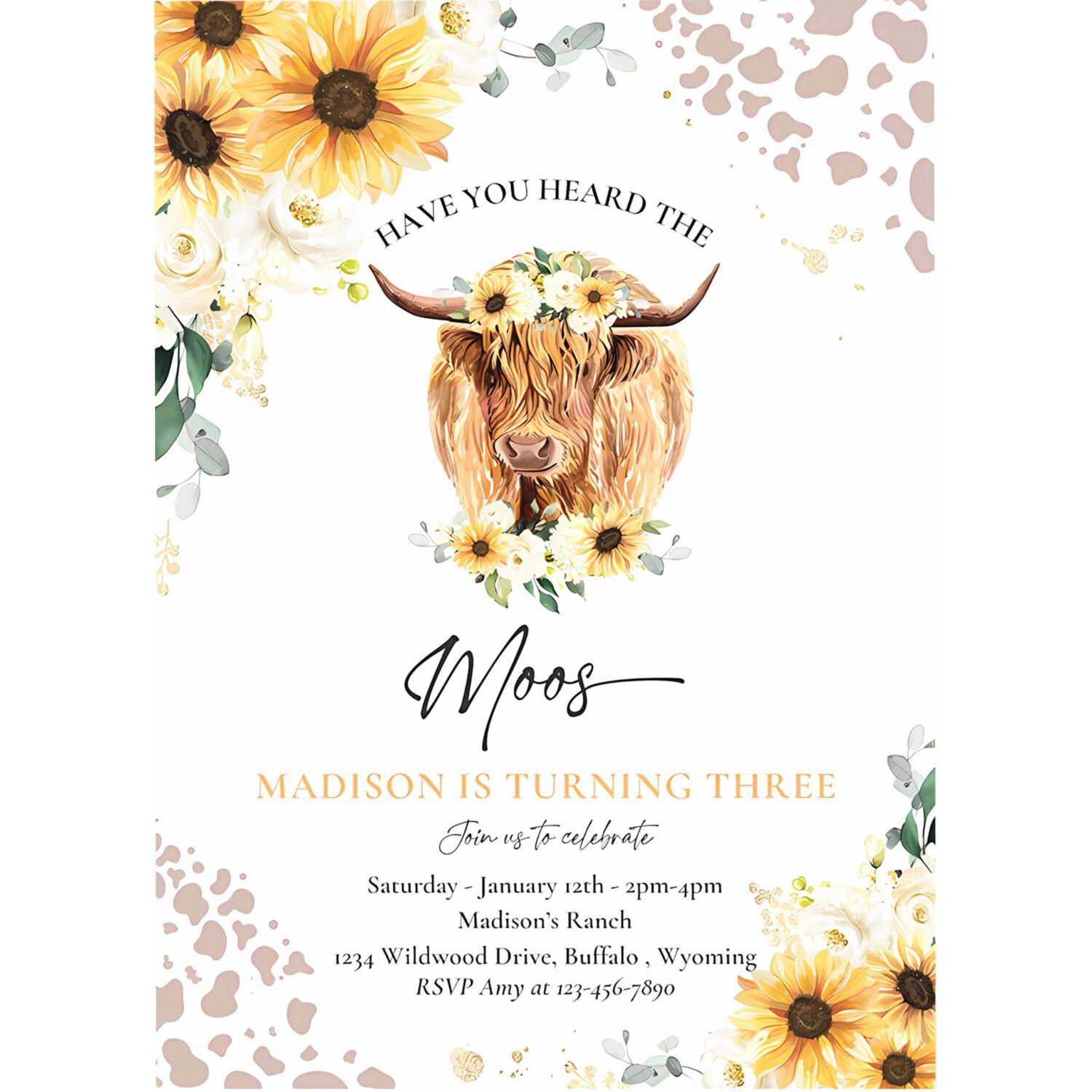 Editable sunflower cow birthday party invitation have you heard the moos floral highland cow birthday party instant download editable qs 4
