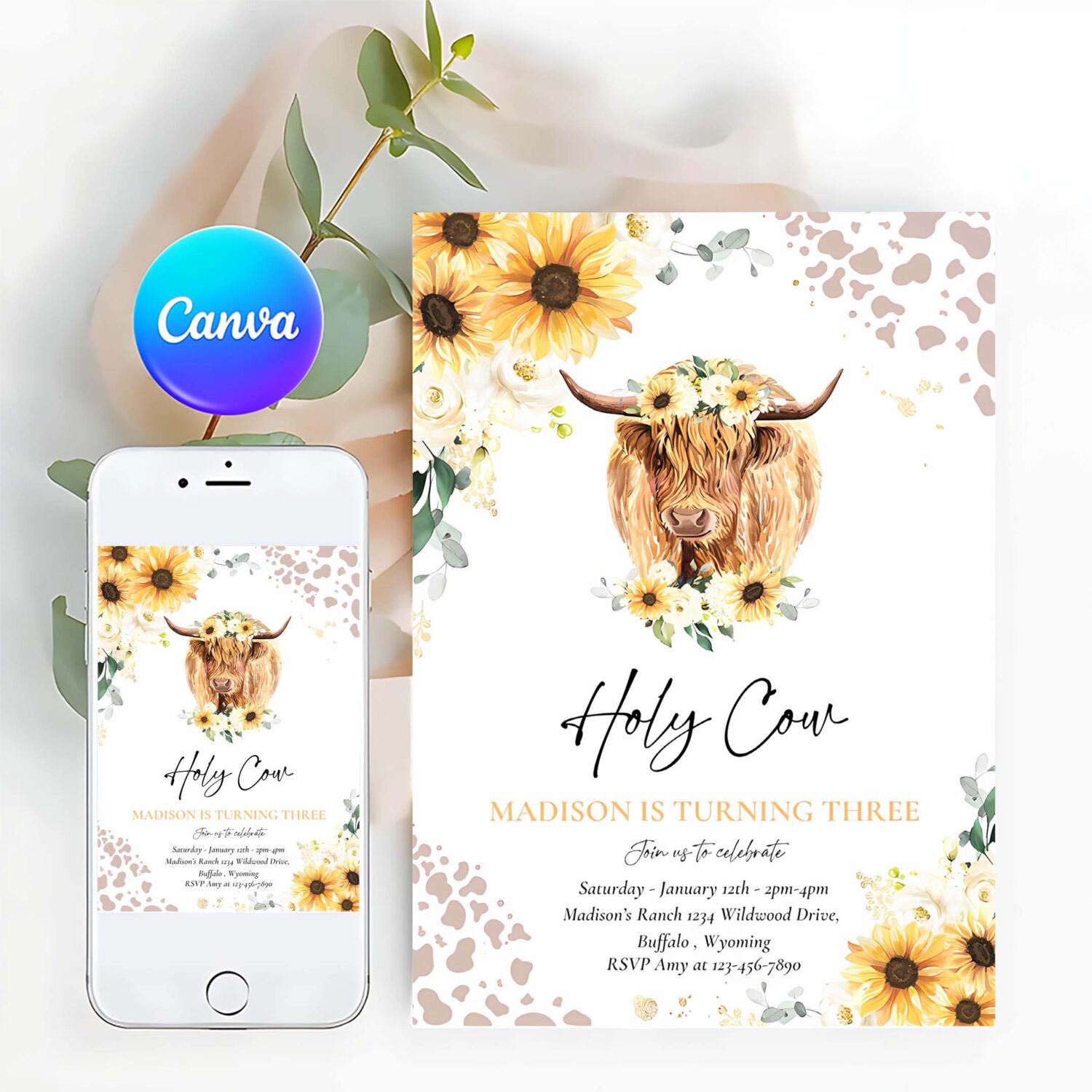 Editable sunflower cow birthday party invitation holy cow im one party summer floral highland cow party
