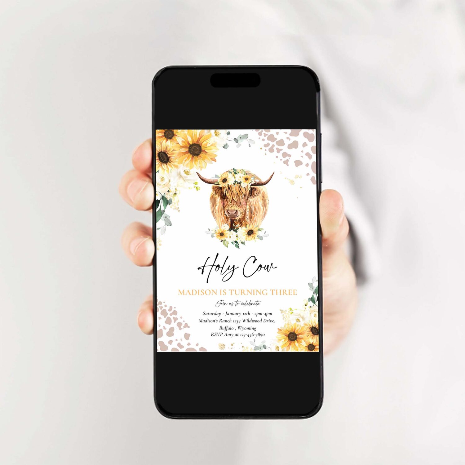 Editable sunflower cow birthday party invitation holy cow im one party summer floral highland cow party 2
