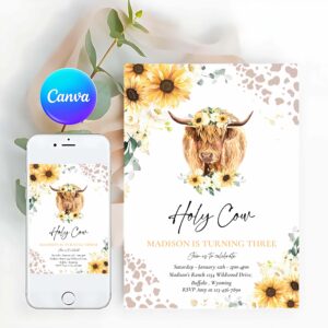 Fun In The Sun Invitation, Sunflower Cow Birthday Party Invitation