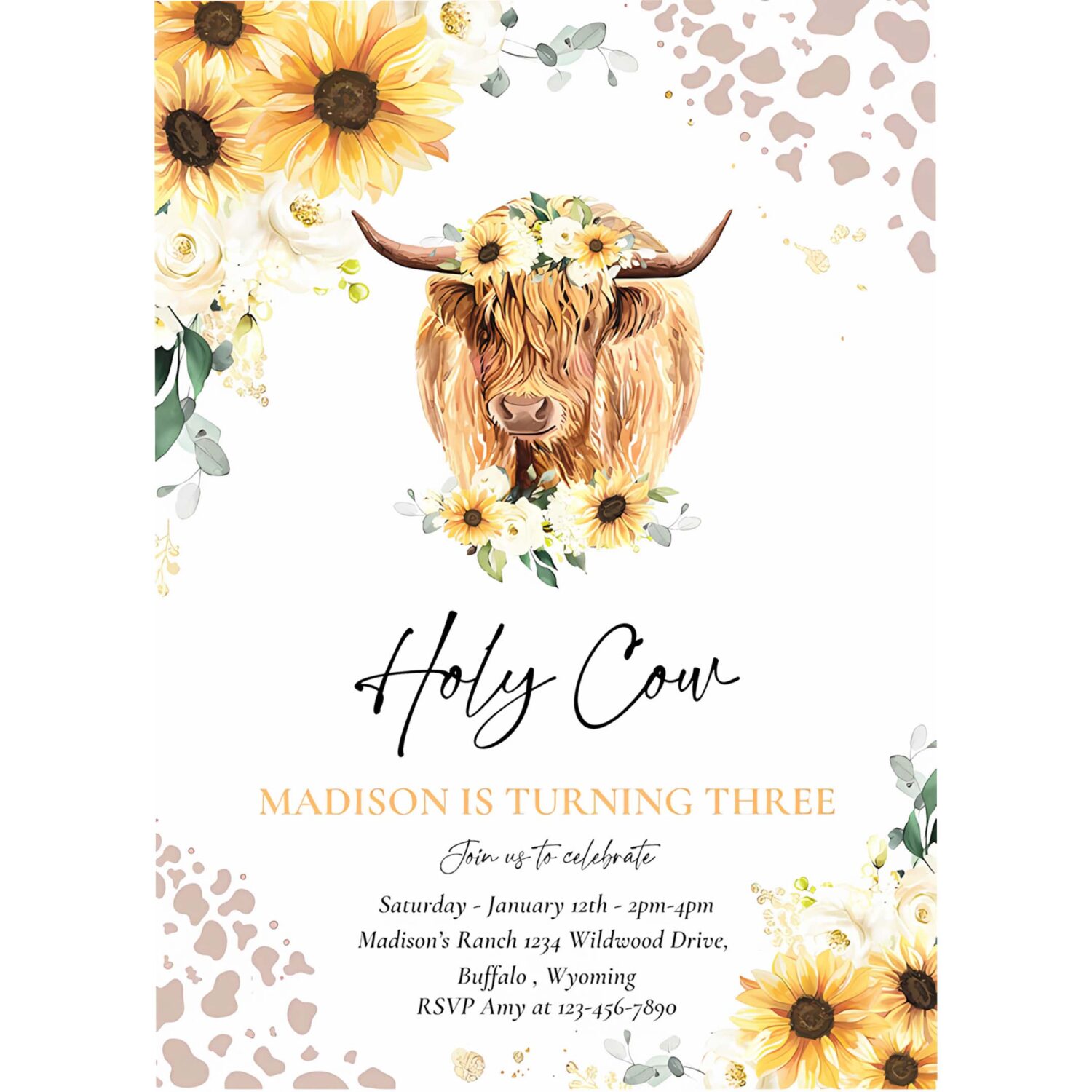 Editable sunflower cow birthday party invitation holy cow im one party summer floral highland cow party 4