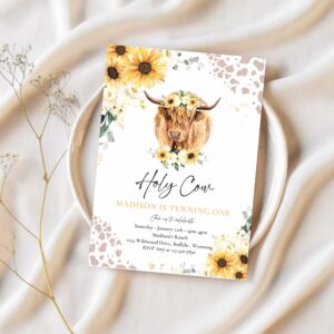 Editable sunflower cow birthday party invitation holy cow im one party summer floral highland cow party instant download editable qs 1