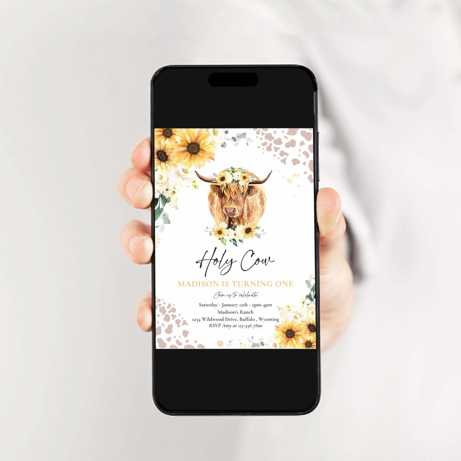Editable sunflower cow birthday party invitation holy cow im one party summer floral highland cow party instant download editable qs 2