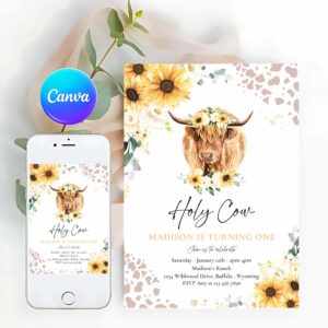 Fun In The Sun Invitation, Sunflower Cow Birthday Party Invitation