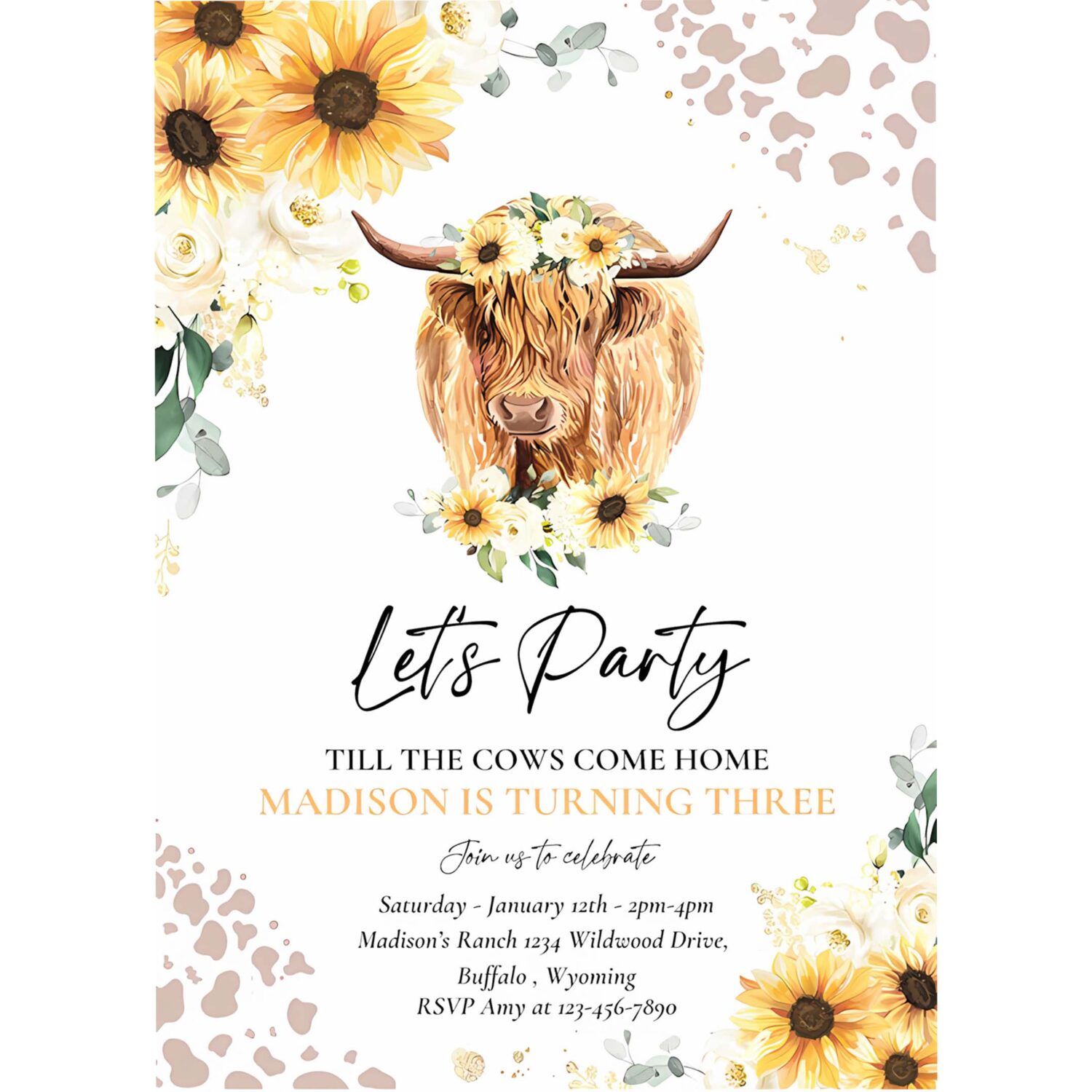 Editable sunflower cow birthday party invitation lets party till the cows come home floral highland cow party 4