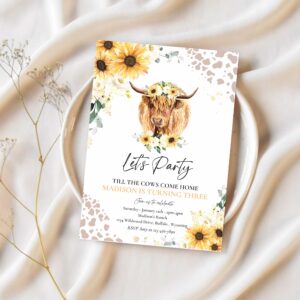 Editable sunflower cow birthday party invitation lets party till the cows come home floral highland cow party instant download editable qs 1