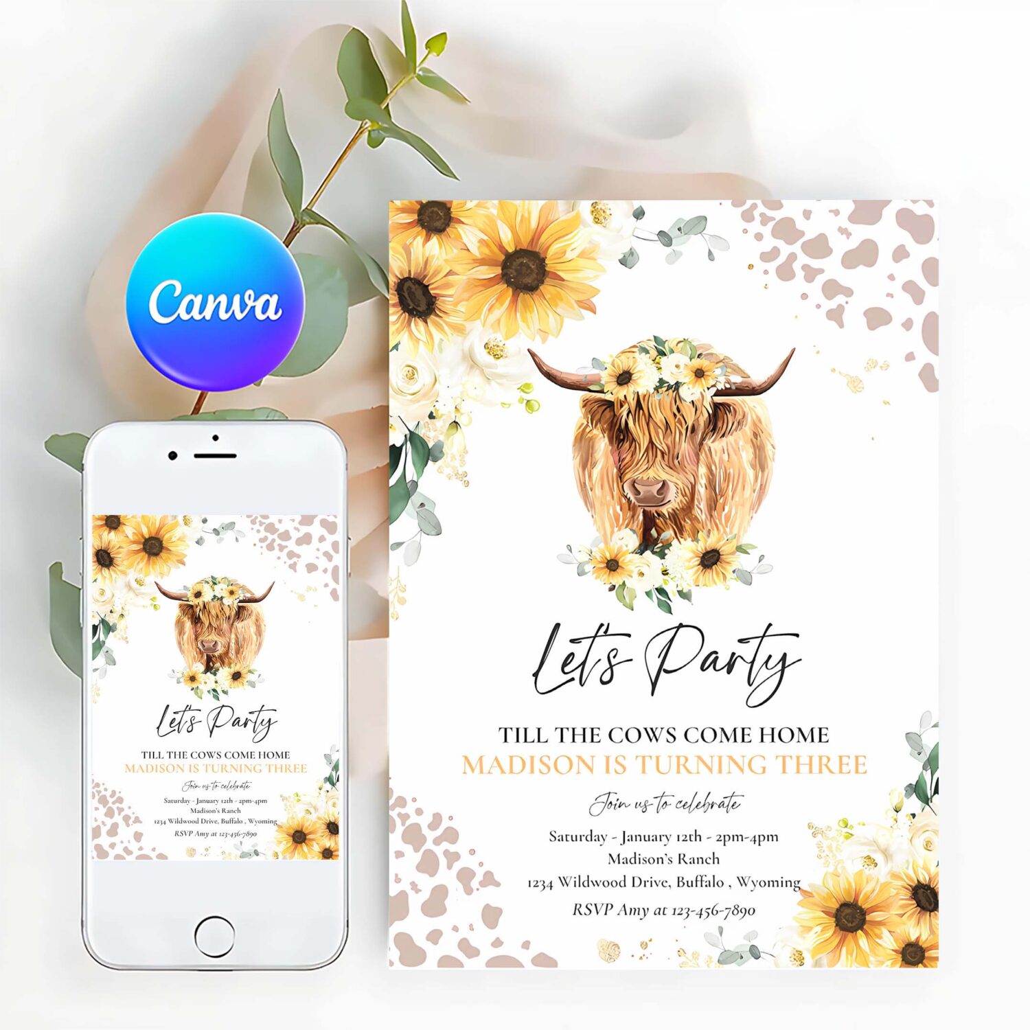Editable sunflower cow birthday party invitation lets party till the cows come home floral highland cow party instant download editable qs