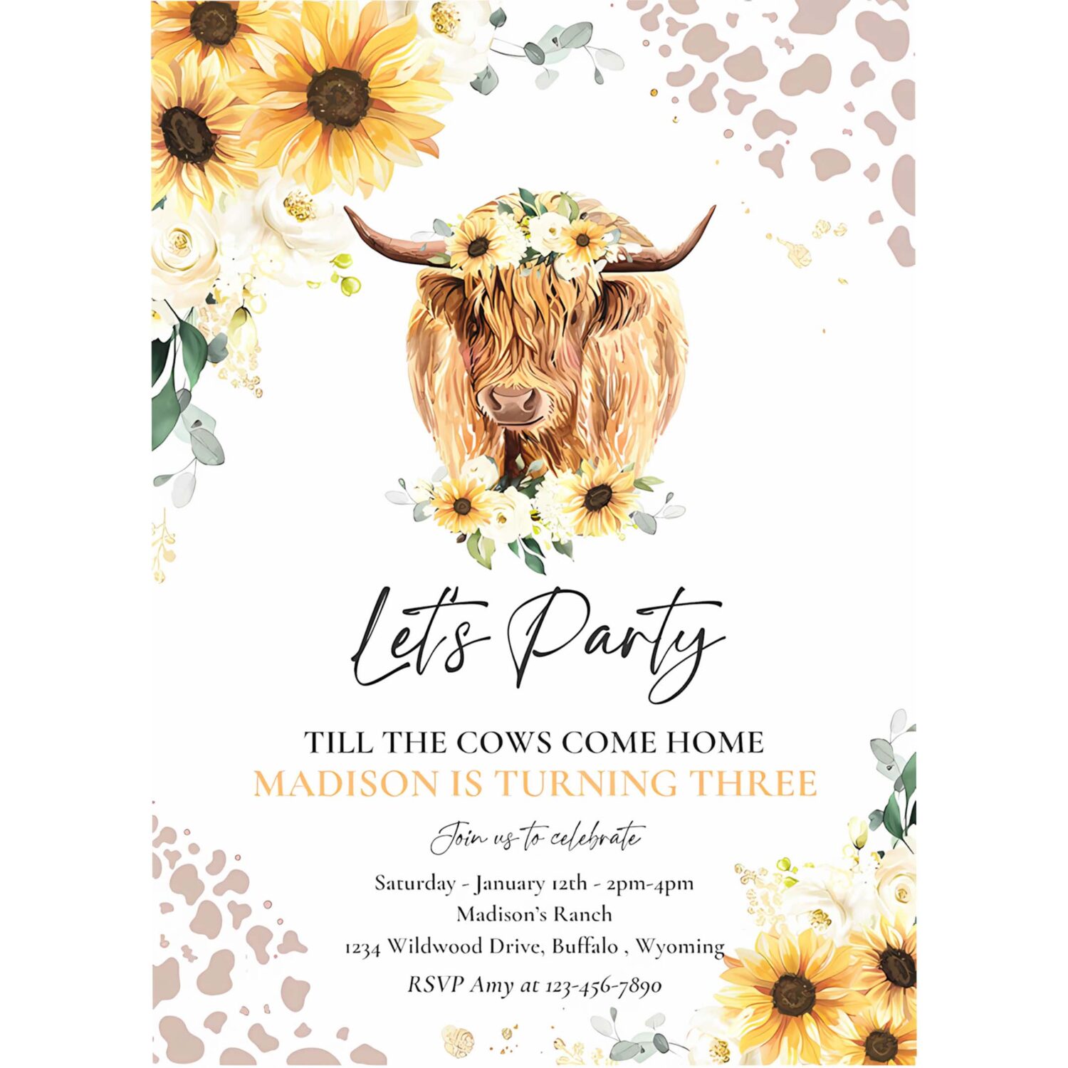 Editable sunflower cow birthday party invitation lets party till the cows come home floral highland cow party instant download editable qs 4