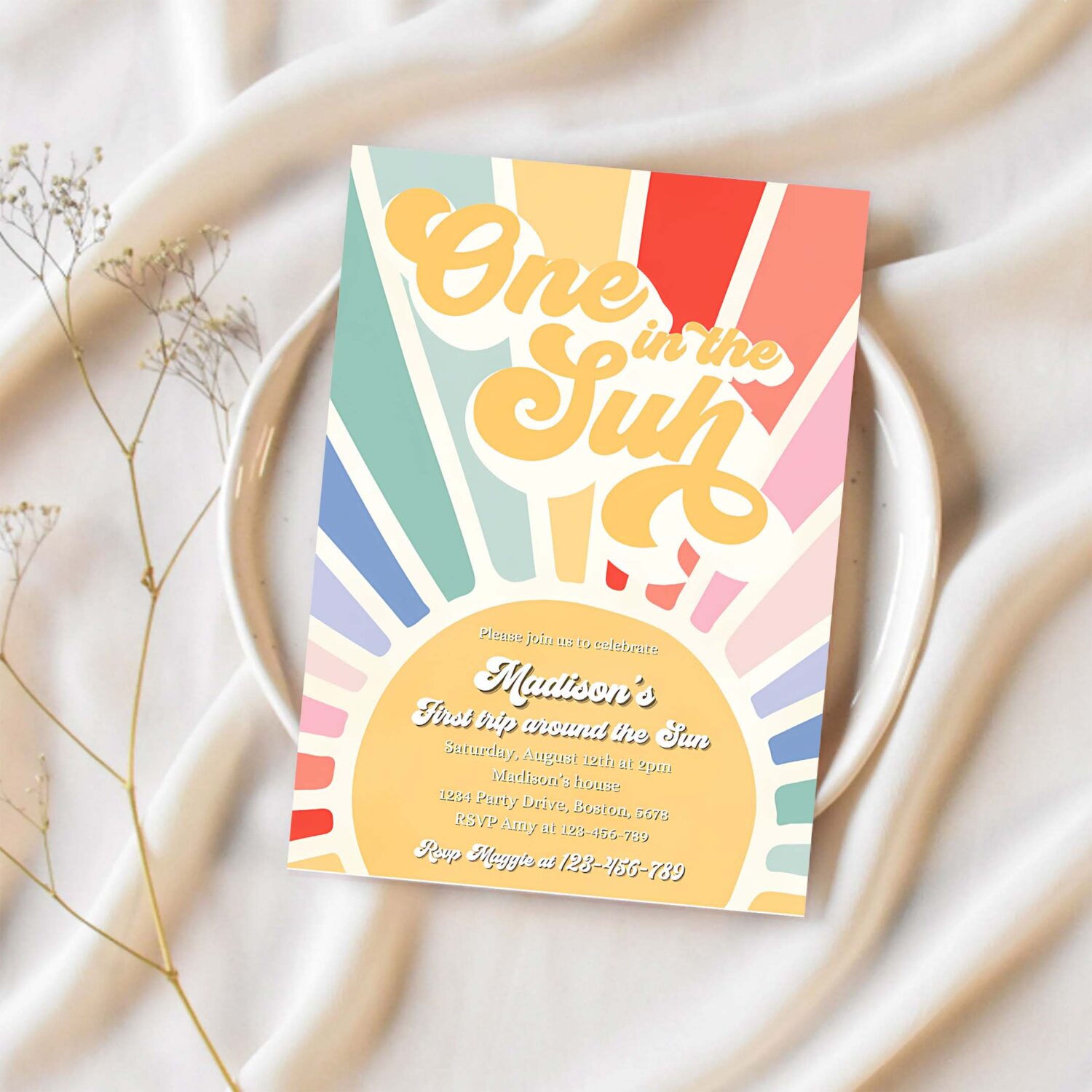 Editable sunshine 1st birthday invitation boho retro muted rainbow turning one in the sun 1st birthday party invitation 1