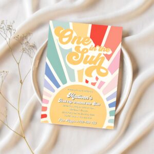 Editable sunshine 1st birthday invitation boho retro muted rainbow turning one in the sun 1st birthday party invitation 1