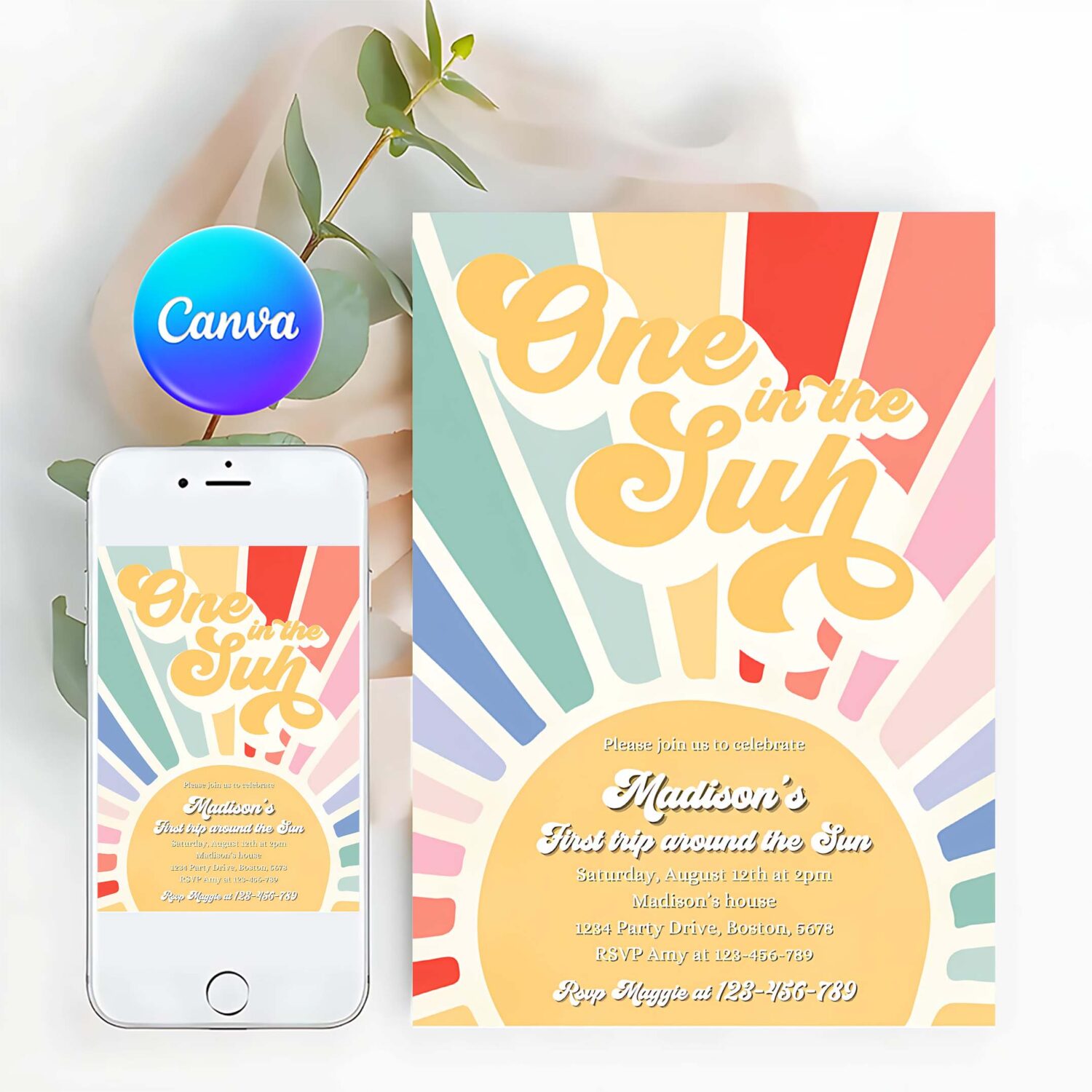 Editable sunshine 1st birthday invitation boho retro muted rainbow turning one in the sun 1st birthday party invitation