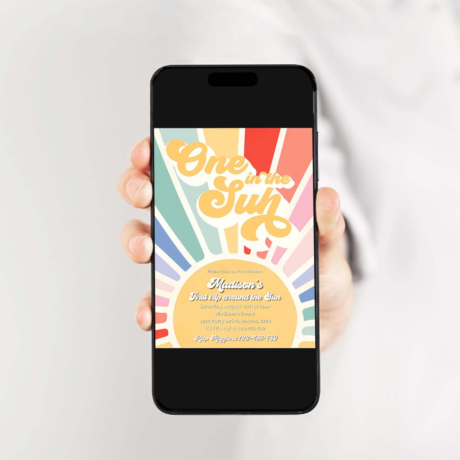 Editable sunshine 1st birthday invitation boho retro muted rainbow turning one in the sun 1st birthday party invitation 2