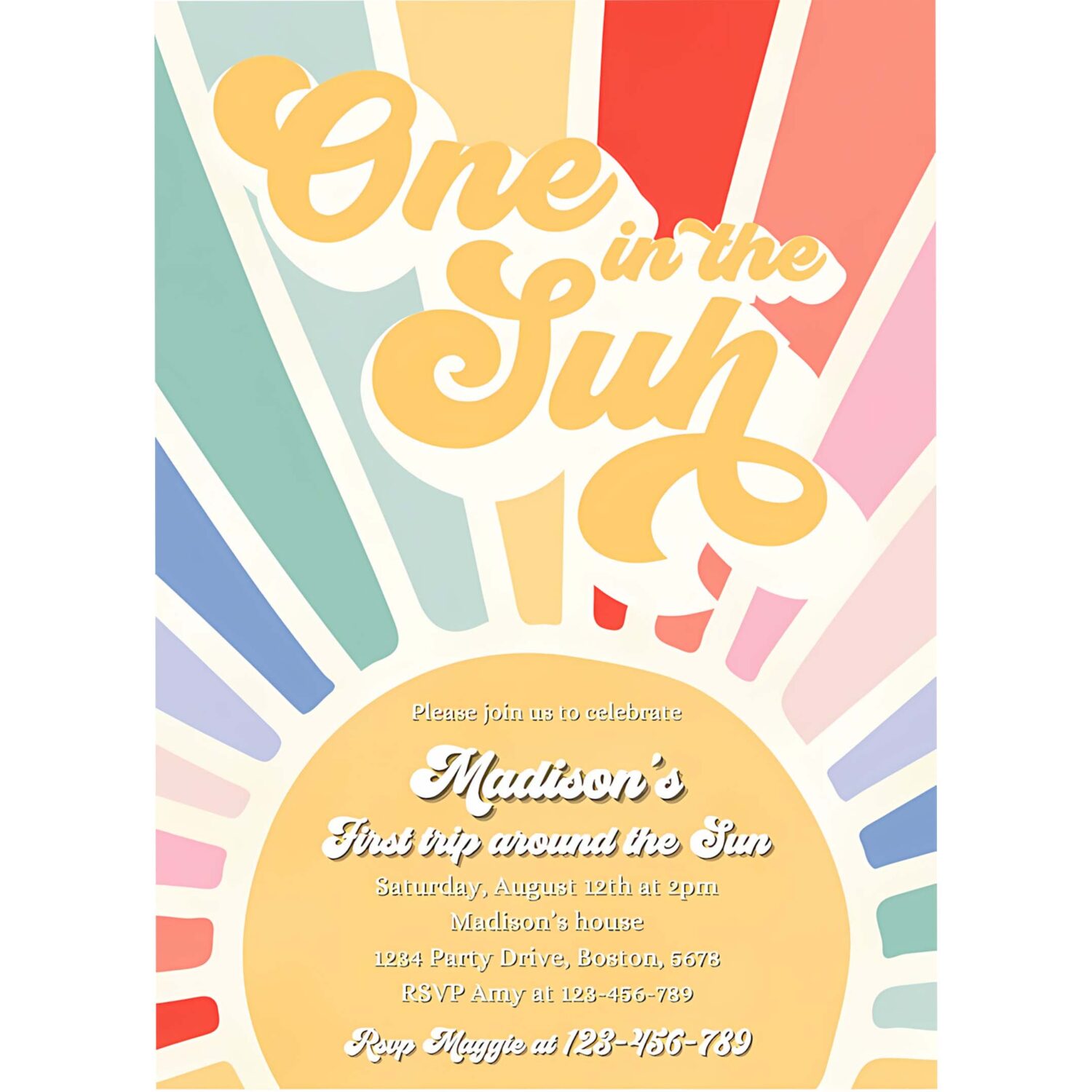 Editable sunshine 1st birthday invitation boho retro muted rainbow turning one in the sun 1st birthday party invitation 4