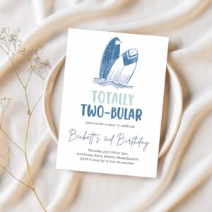 Editable surf 2nd birthday party invitation totally two bular surf 2nd birthday modern minimal surfboard beach party 1