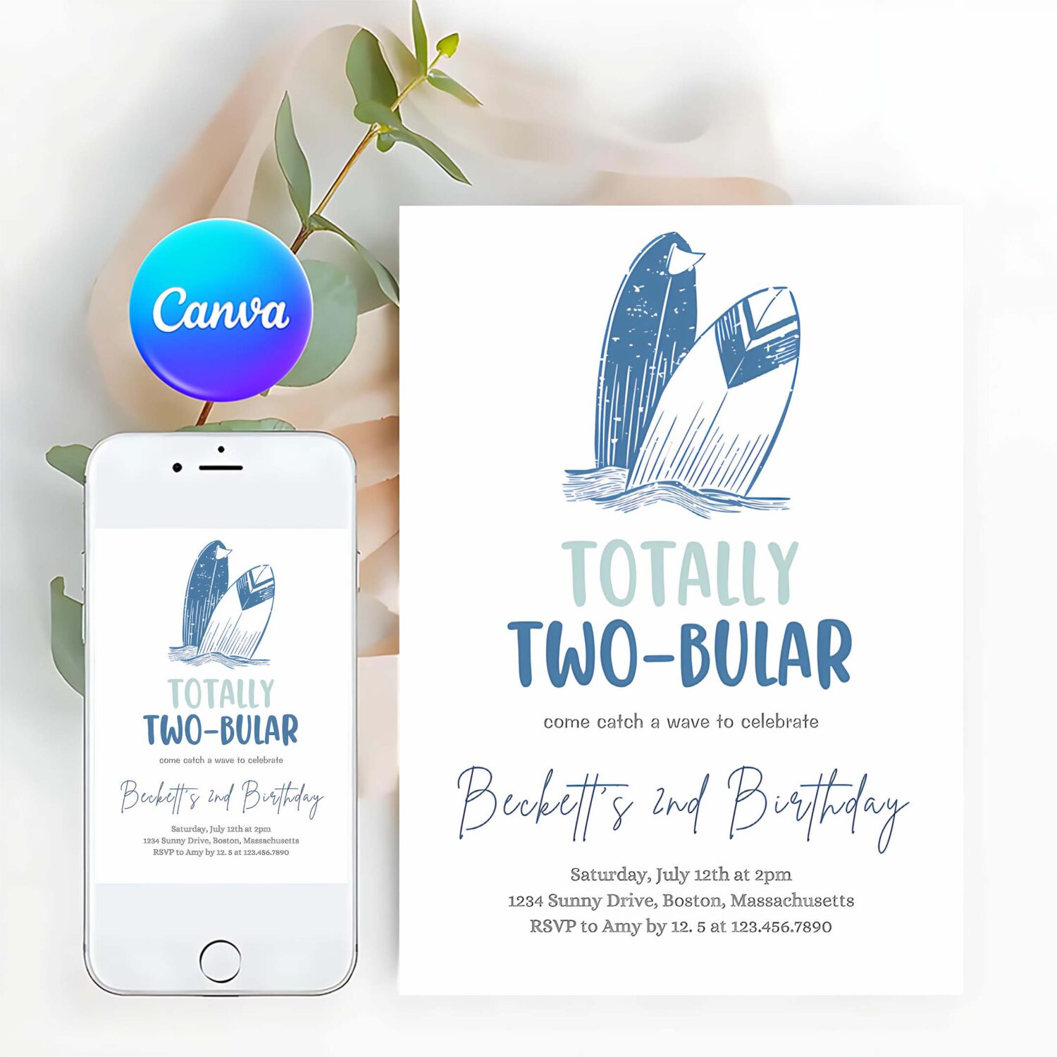 Editable surf 2nd birthday party invitation totally two bular surf 2nd birthday modern minimal surfboard beach party