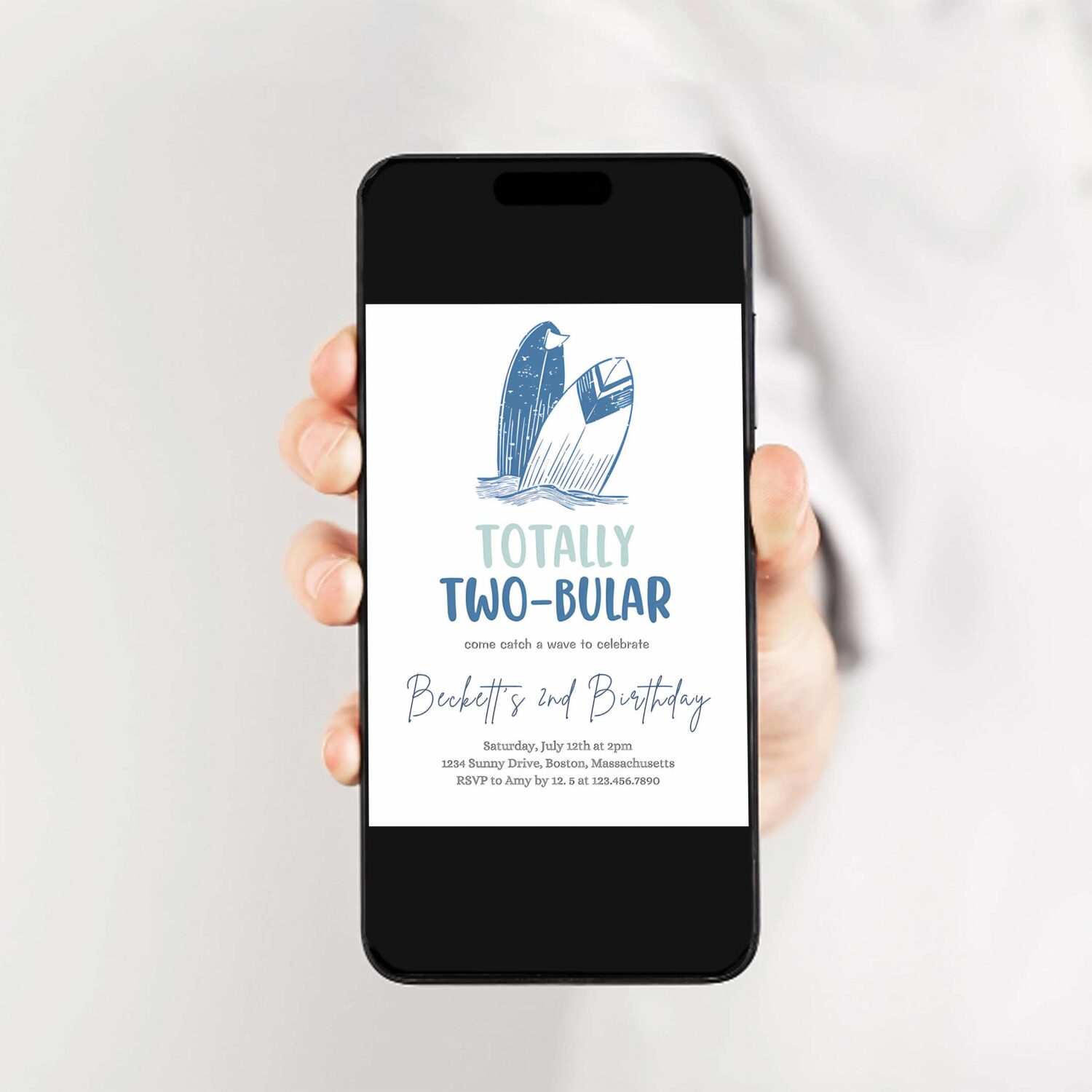 Editable surf 2nd birthday party invitation totally two bular surf 2nd birthday modern minimal surfboard beach party 2