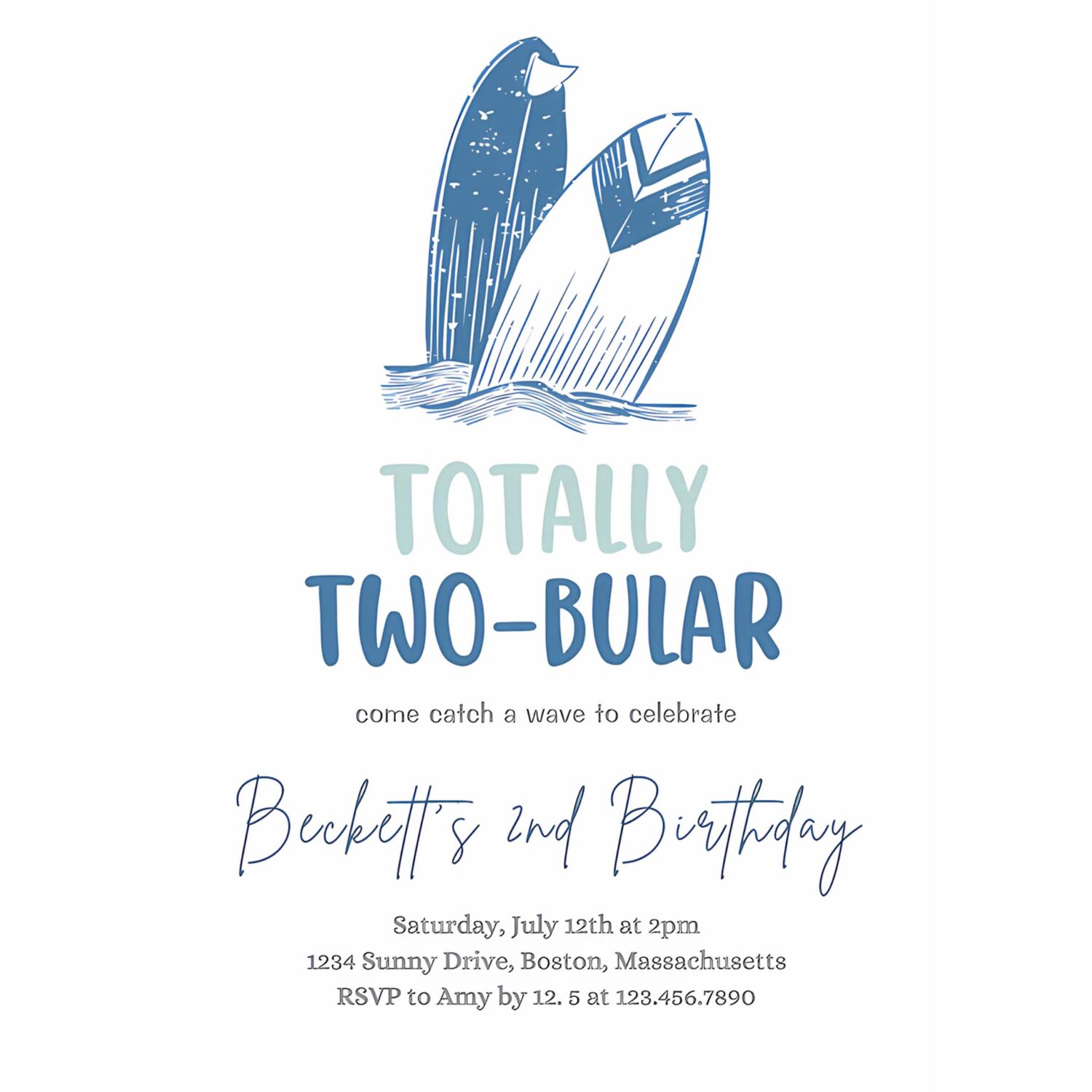 Editable surf 2nd birthday party invitation totally two bular surf 2nd birthday modern minimal surfboard beach party 4