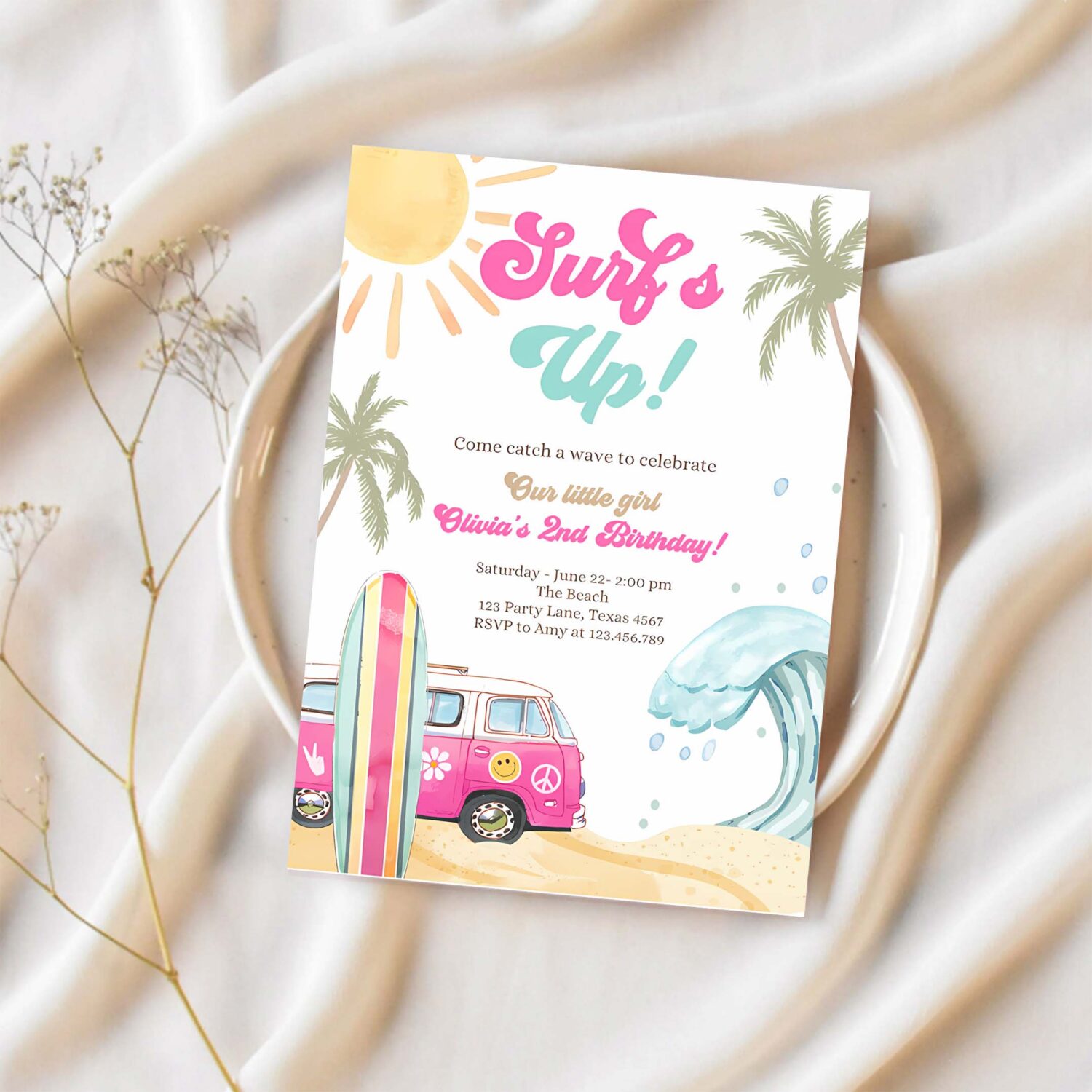 Editable surf up birthday party invitation retro surfboard beach party wave surfer the big one invite download template corjl digital 0433 1