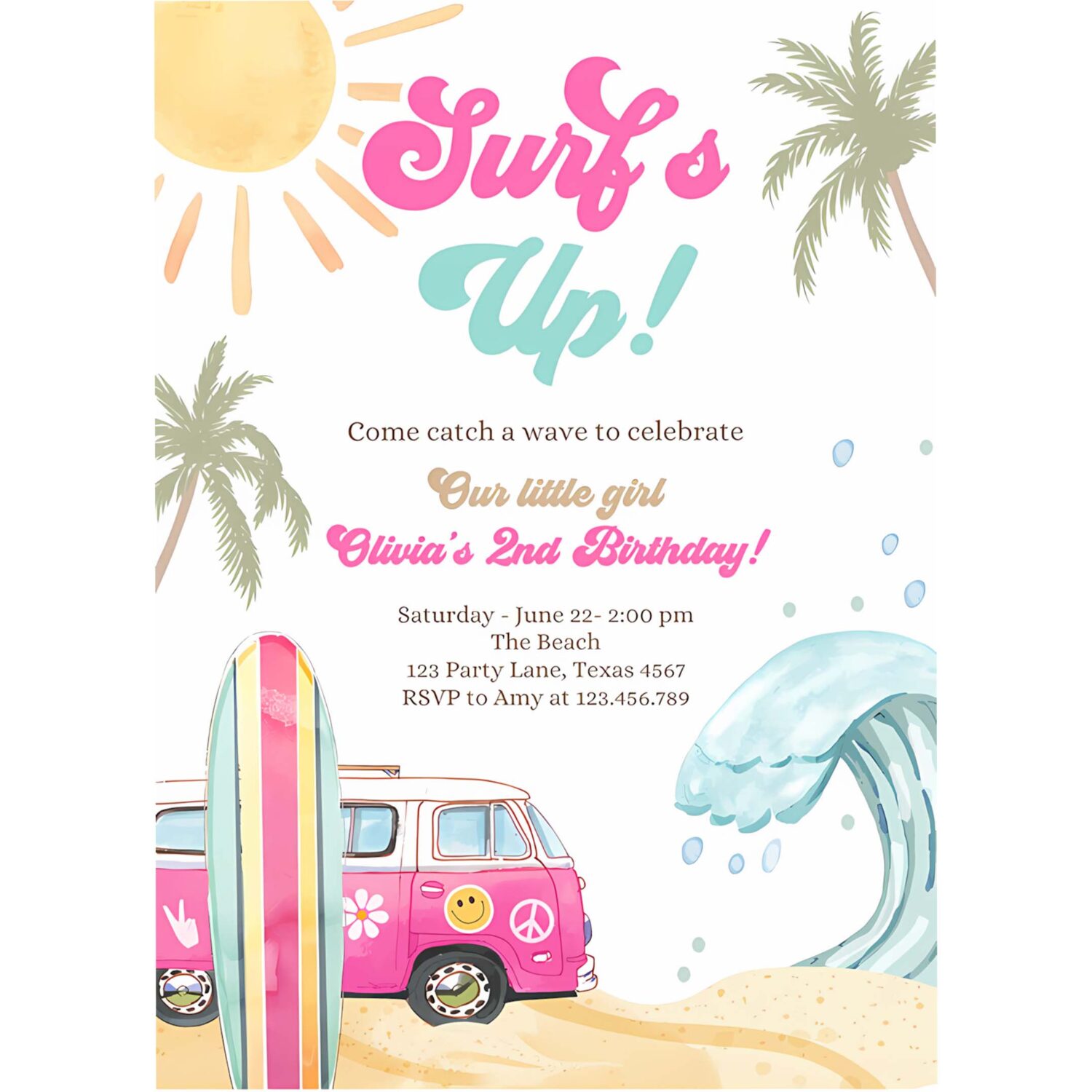 Editable surf up birthday party invitation retro surfboard beach party wave surfer the big one invite download template corjl digital 0433 4