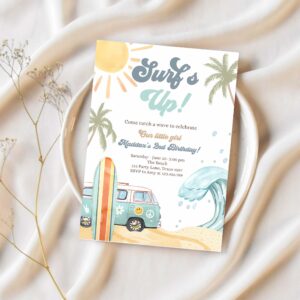 Editable surfs up birthday party invitation retro surfboard beach party wave surfer the big one invite download template corjl digital 0433 1